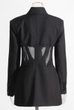 Black Casual Solid Patchwork See-through Turndown Collar Outerwear