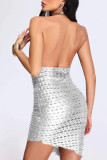 Silver Sexiga Solid Backless Halter Ärmlösa klänningar