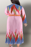 Pink Casual Print Patchwork Buckle With Belt Pleated V Neck Printed Dress Plus Size Dresses
