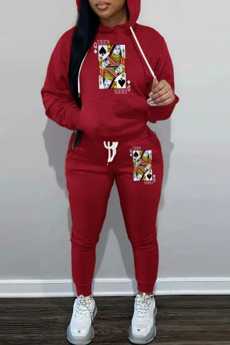 Red Casual Graphics Print Hooded Collar Long Sleeve Sweatshirt And Draw String Pocket Skinny Pants Two Pieces Jogger Sets