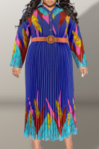 Blaues, lässig bedrucktes, Patchwork-Schnalle mit Gürtel, plissiertes Kleid mit V-Ausschnitt und bedrucktem Kleid in Übergröße