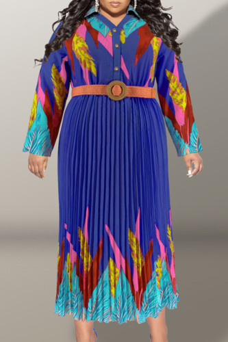 Blue Casual Print Patchwork Buckle With Belt Pleated V Neck Printed Dress Plus Size Dresses