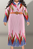 Fivela de retalhos com estampa casual roxa e cinto vestido plissado com decote em V vestidos plus size