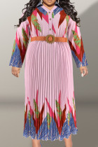 Fivela de retalhos com estampa casual rosa e cinto vestido plissado com decote em V vestidos plus size