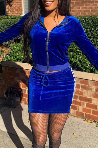 Blue Casual Solid Patchwork Cross Straps Zipper O Neck Long Sleeve Two Pieces