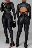 Black Casual Solid Frenulum Backless Turndown Collar Long Sleeve Two Pieces