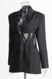 Black Casual Solid Patchwork See-through Turndown Collar Outerwear