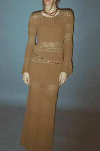 Khaki Street Solid Hollowed Out Patchwork Backless O Neck Long Dress Dresses