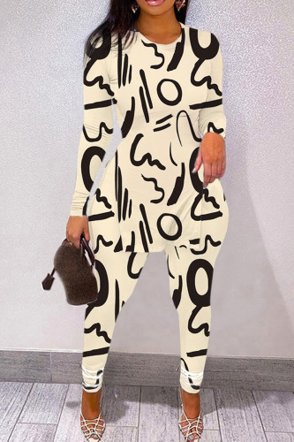 Apricot Casual Print Slit O Neck Long Sleeve Two Pieces