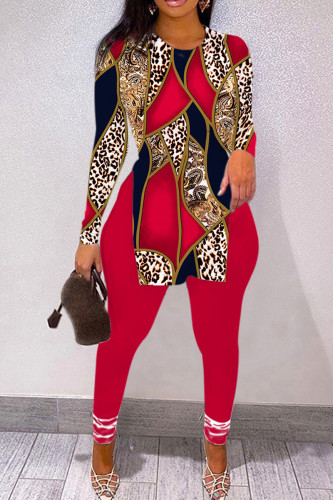 Red Casual Print Slit O Neck Long Sleeve Two Pieces