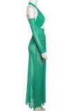 Зеленый сексуальный однотонный прозрачный комплект из четырех предметов с открытой спиной и лямкой на шее с длинными рукавами