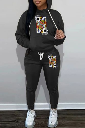 Black Casual Graphics Print Hooded Collar Long Sleeve Sweatshirt And Draw String Pocket Skinny Pants Two Pieces Jogger Sets