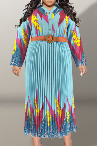 Lake Blue Casual Print Patchwork Buckle With Belt Pleated V Neck Printed Dress Plus Size Dresses
