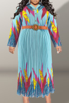 Озерно-синее повседневное платье в стиле пэчворк с принтом и поясом, плиссированное платье с V-образным вырезом и принтом, платья больших размеров