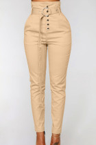 Khaki Casual Solid Patchwork Buttons With Belt Regular High Waist Pencil Solid Color Bottoms