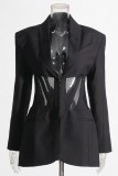 Ropa de abrigo informal de patchwork liso transparente con cuello vuelto negro