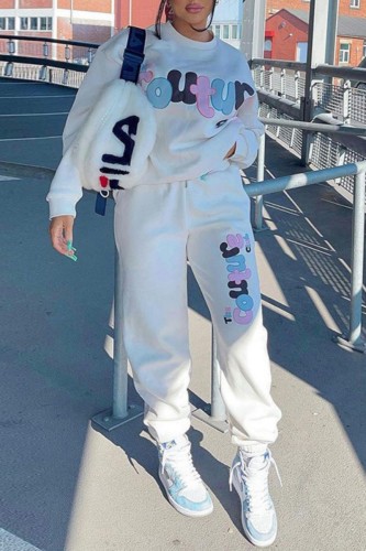 White Casual Letter Basic O Neck Long Sleeve Two Pieces