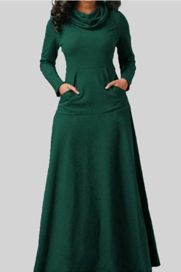 Зеленые повседневные однотонные лоскутные платья с круглым вырезом и карманами