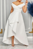 White Daily Celebrities Elegant Patchwork Flounce Solid Color V Neck Asymmetrical Dresses