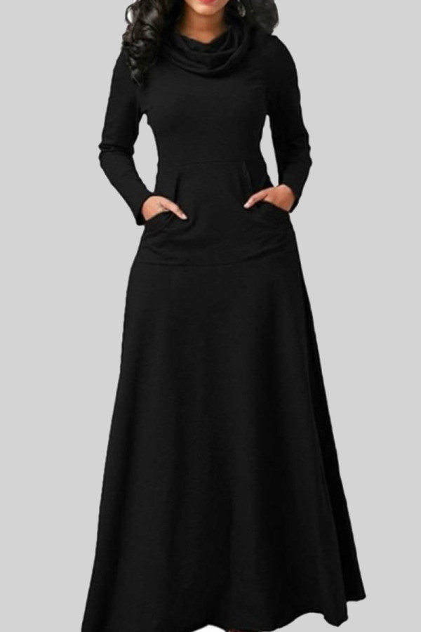 Robes trapèze noires décontractées unies avec poche en patchwork et col rond