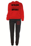 Red Black Casual Letter Patchwork Draw String Pocket Hooded Collar Long Sleeve Two Pieces