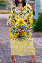 Желтые повседневные платья с длинным рукавом и V-образным вырезом в стиле пэчворк с принтом