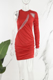 Rose Red Elegant solid urholkad Patchwork O-hals inslagna kjolklänningar