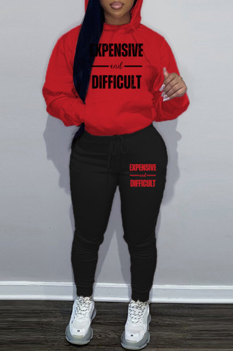 Red Black Casual Letter Patchwork Draw String Pocket Hooded Collar Long Sleeve Two Pieces