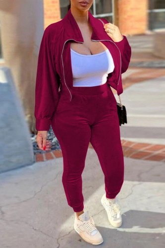 Burgundy Casual Solid Patchwork Zipper Collar Long Sleeve Two Pieces