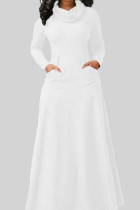 Robes trapèze blanches décontractées unies avec poche en patchwork et col rond
