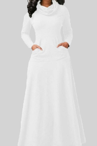 Белые повседневные однотонные лоскутные платья с круглым вырезом и карманами