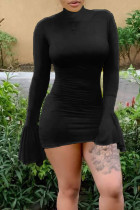 ブラック カジュアル ソリッド パッチワーク O ネック ラップ スカート ドレス
