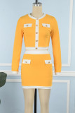 Yellow Sexy Solid Patchwork Buckle Buttons O Neck Long Sleeve Two Pieces