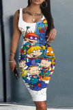 Mehrfarbiges, lässiges Cartoon-Druck-Basic-Weste-Kleid mit U-Ausschnitt