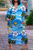Paarse casual print patchwork jurken met V-hals en lange mouwen