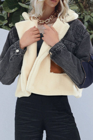 Black Street Solid Patchwork Turndown Collar Long Sleeve Straight Open Stitch Hoodies Denim Jacket