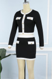 Black Sexy Solid Patchwork Buckle Buttons O Neck Long Sleeve Two Pieces