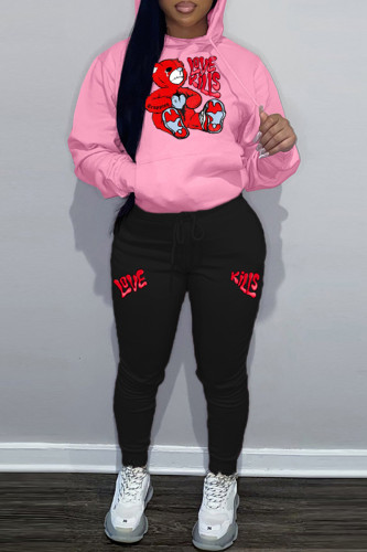 Rosa Casual Print Basic Kapuzenkragen Langarm Zweiteiler
