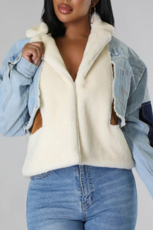 Blue Street Solid Patchwork Turndown Collar Long Sleeve Straight Open Stitch Hoodies Denim Jacket