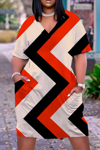 Black Red Casual Print Basic V Neck Short Sleeve Dress