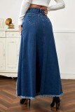 Deep Blue Casual Patchwork Contrast High Waist Regular Raw Hem Large Swing Stitching Denim Skirt