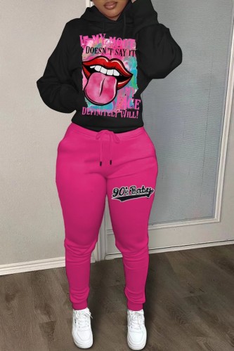 Rose Red Casual Print Basic O Neck Long Sleeve Two Pieces