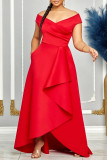 Rood Dagelijkse beroemdheden Elegante patchwork volant effen kleur asymmetrische jurken met V-hals