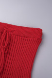 Röd Elegant Solid Patchwork Drag String Spänne O Neck Långärmad Två delar