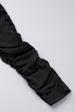 Vestidos de saia enrolados pretos elegantes sólidos vazados patchwork com decote em O