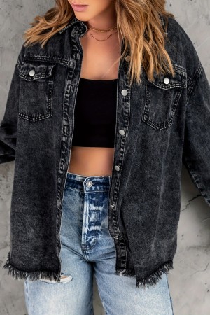 Black Casual Solid Patchwork Cardigan Turndown Collar Long Sleeve Regular Raw Hem Tassel Denim Jacket
