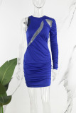 ブルーのエレガントなソリッドくり抜きパッチワークOネックラップスカートドレス