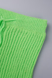 Флуоресцентный зеленый Элегантный однотонный пэчворк Пряжка на веревке О-образный вырез Длинный рукав Две детали