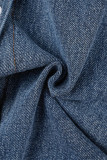 Den cowboyblå Casual Print Patchwork Turndown-krage Långärmad vanlig jeansjacka