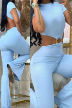 Light Blue Sexy Solid Patchwork Metal Accessories Decoration O Neck Skinny Jumpsuits